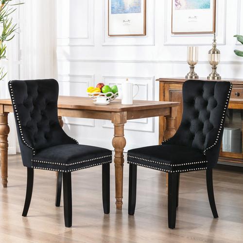 Set of 2, Contemporary Velvet Upholstered Dining Chair with Wooden Legs Nail Head Trim