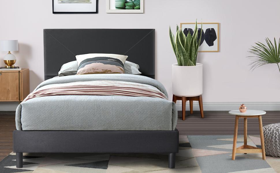 Upholstered Bed Frame with Tufted Velvet Headboard, Mattress Foundation, No Box Spring Needed