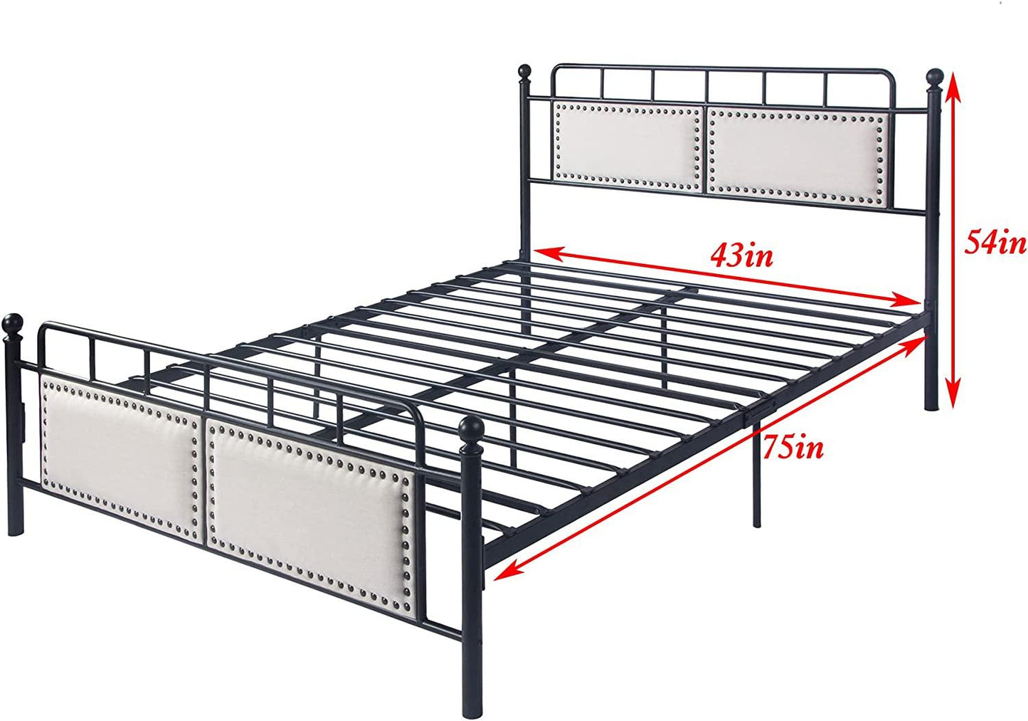 Bed Frame Upholstered Platform Vintage with Tufted Head Board Mattress Foundation with Metal Slats F