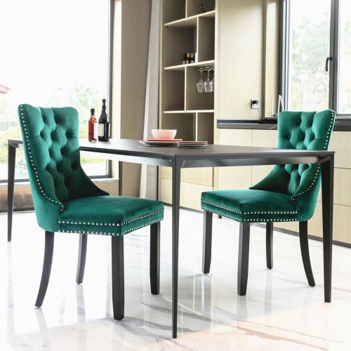 Set of 2, Contemporary Velvet Upholstered Dining Chair with Wooden Legs Nail Head Trim