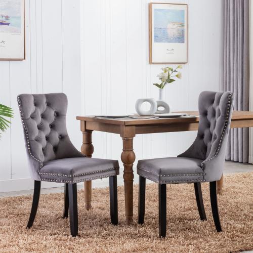 Set of 2, Contemporary Velvet Upholstered Dining Chair with Wooden Legs Nail Head Trim