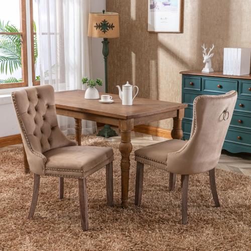 Set of 2, Contemporary Velvet Upholstered Dining Chair with Wooden Legs Nail Head Trim