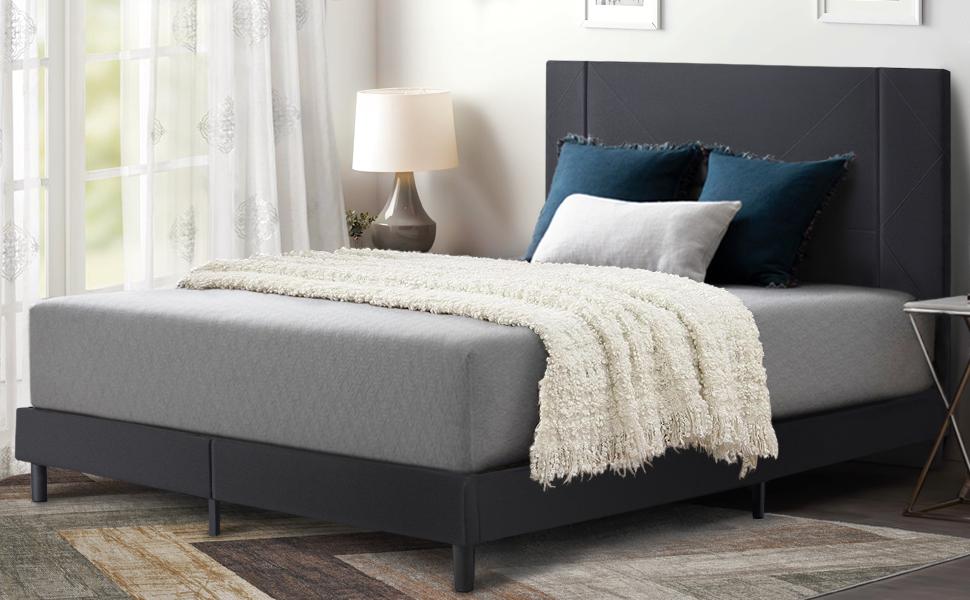 Upholstered Bed Frame with Tufted Velvet Headboard, Mattress Foundation, No Box Spring Needed