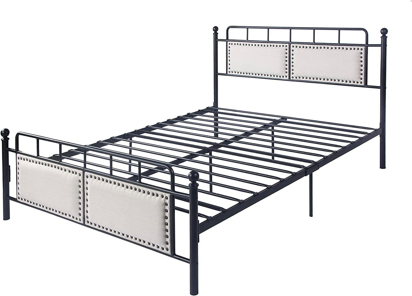 Bed Frame Upholstered Platform Vintage with Tufted Head Board Mattress Foundation with Metal Slats F