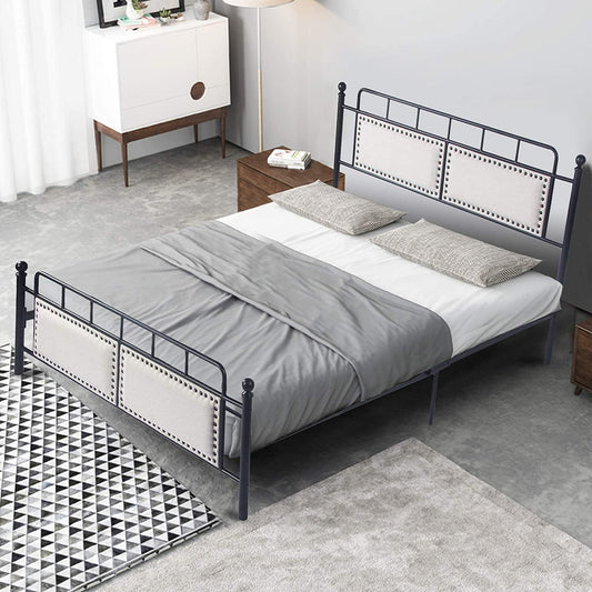 Bed Frame Upholstered Platform Vintage with Tufted Head Board Mattress Foundation with Metal Slats F