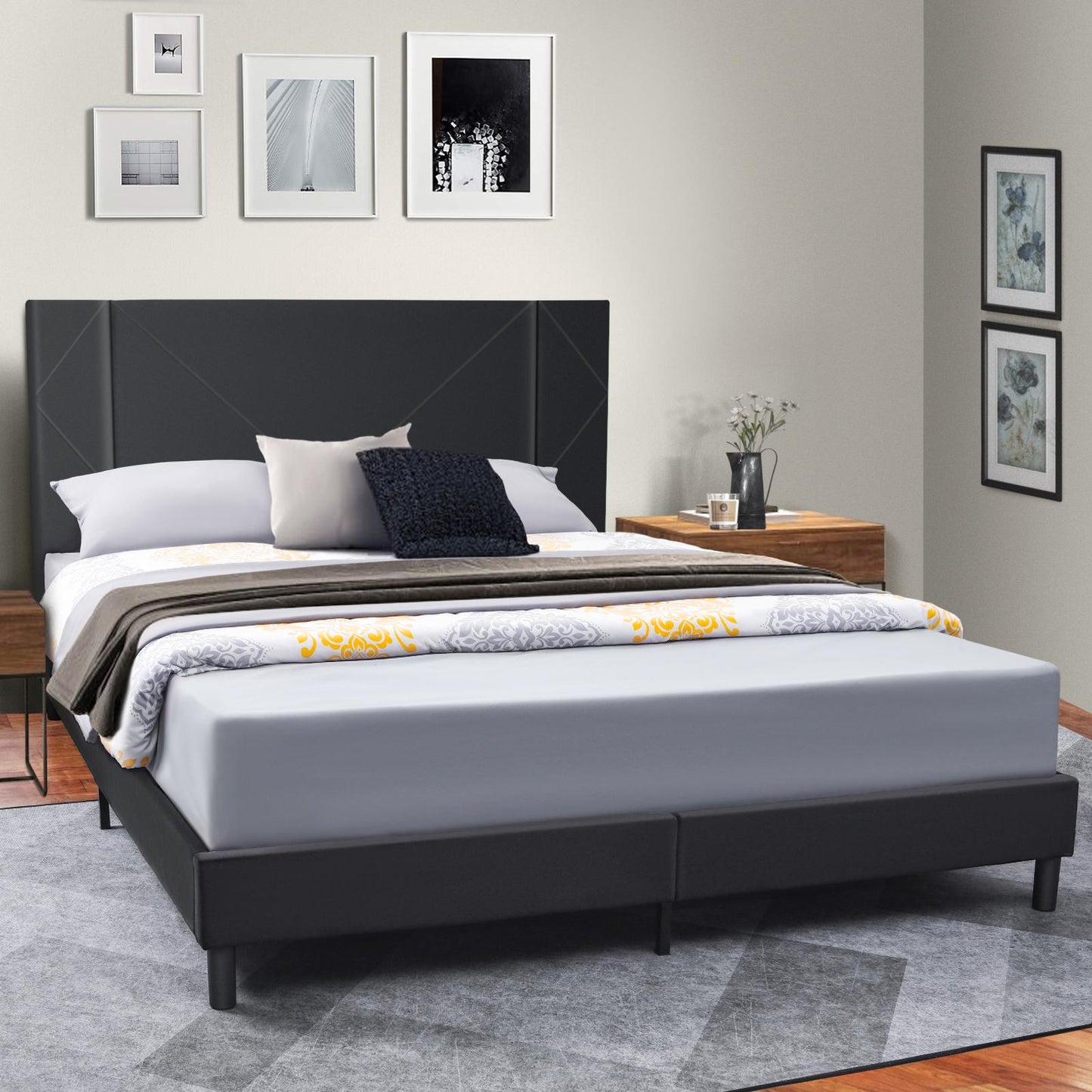 Upholstered Bed Frame with Tufted Velvet Headboard, Mattress Foundation, No Box Spring Needed