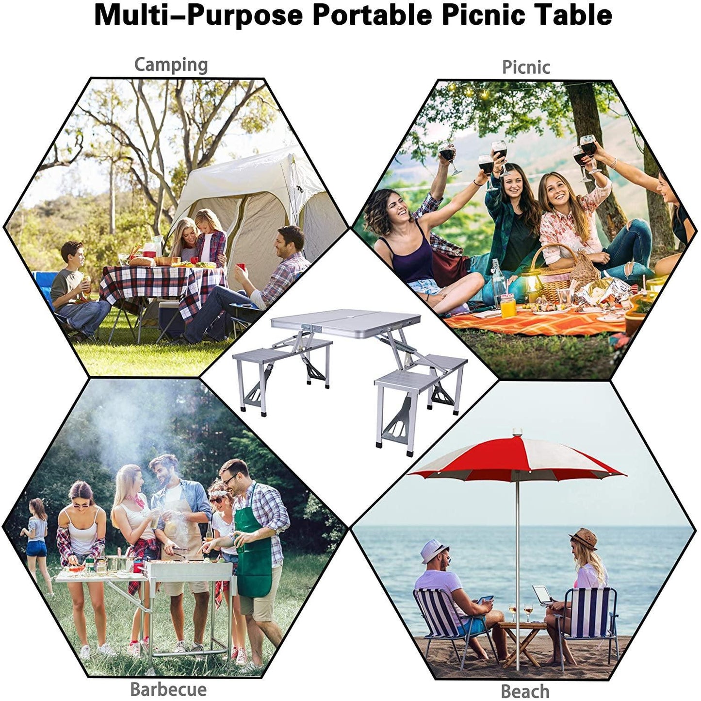 Picnic Table Folding Camping Table Chair Set with 4 Seats Chairs and Umbrella Hole