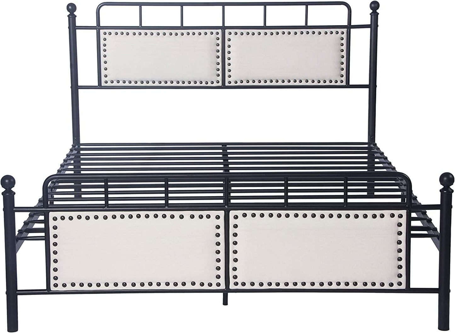 Bed Frame Upholstered Platform Vintage with Tufted Head Board Mattress Foundation with Metal Slats F