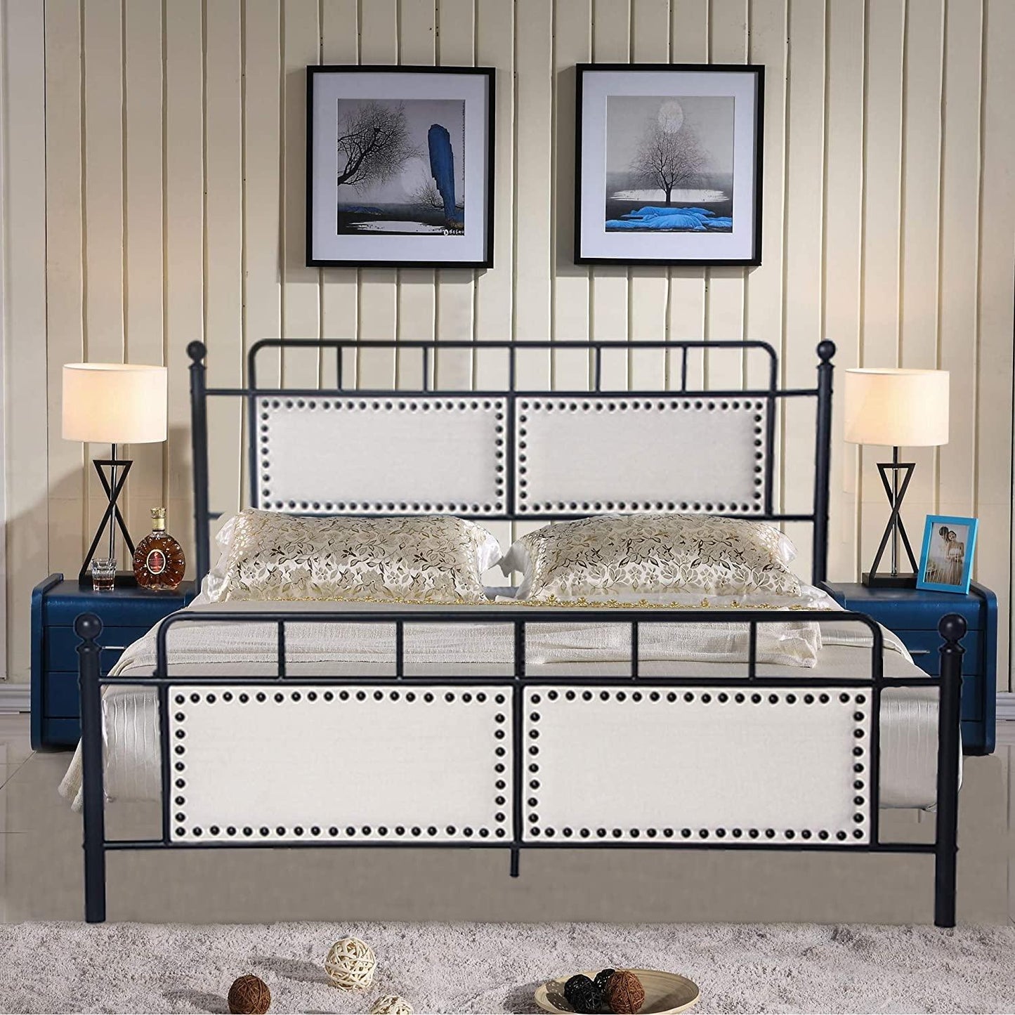 Metal Queen Bed Frame with Upholstered Headboard & Footboard Heavy Duty Platform Bed Frame Steel Sla