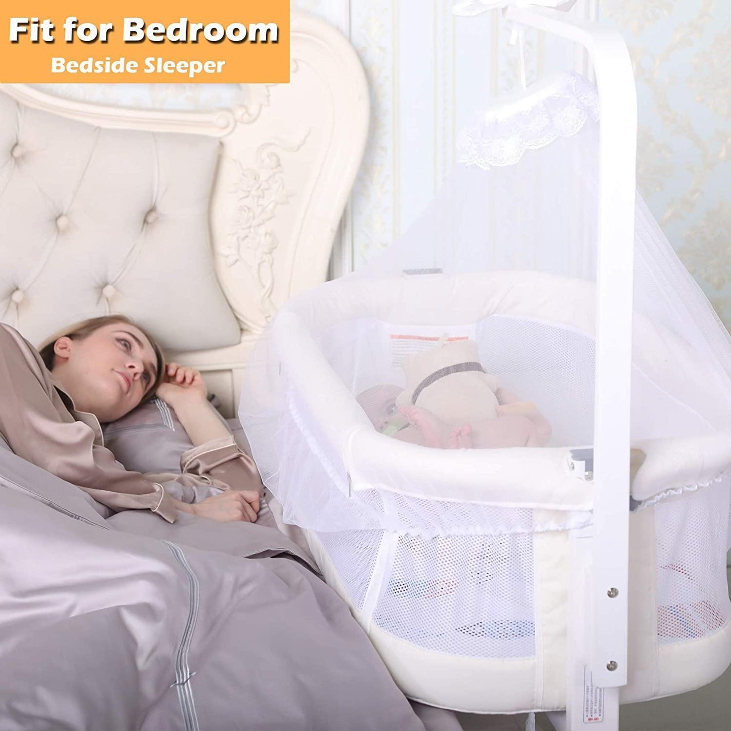 3 in 1 Baby Bedside Sleeper Bassinet Crib w/ Soft Skin-Friendly Mattress and Solid Wood and Metal Fr