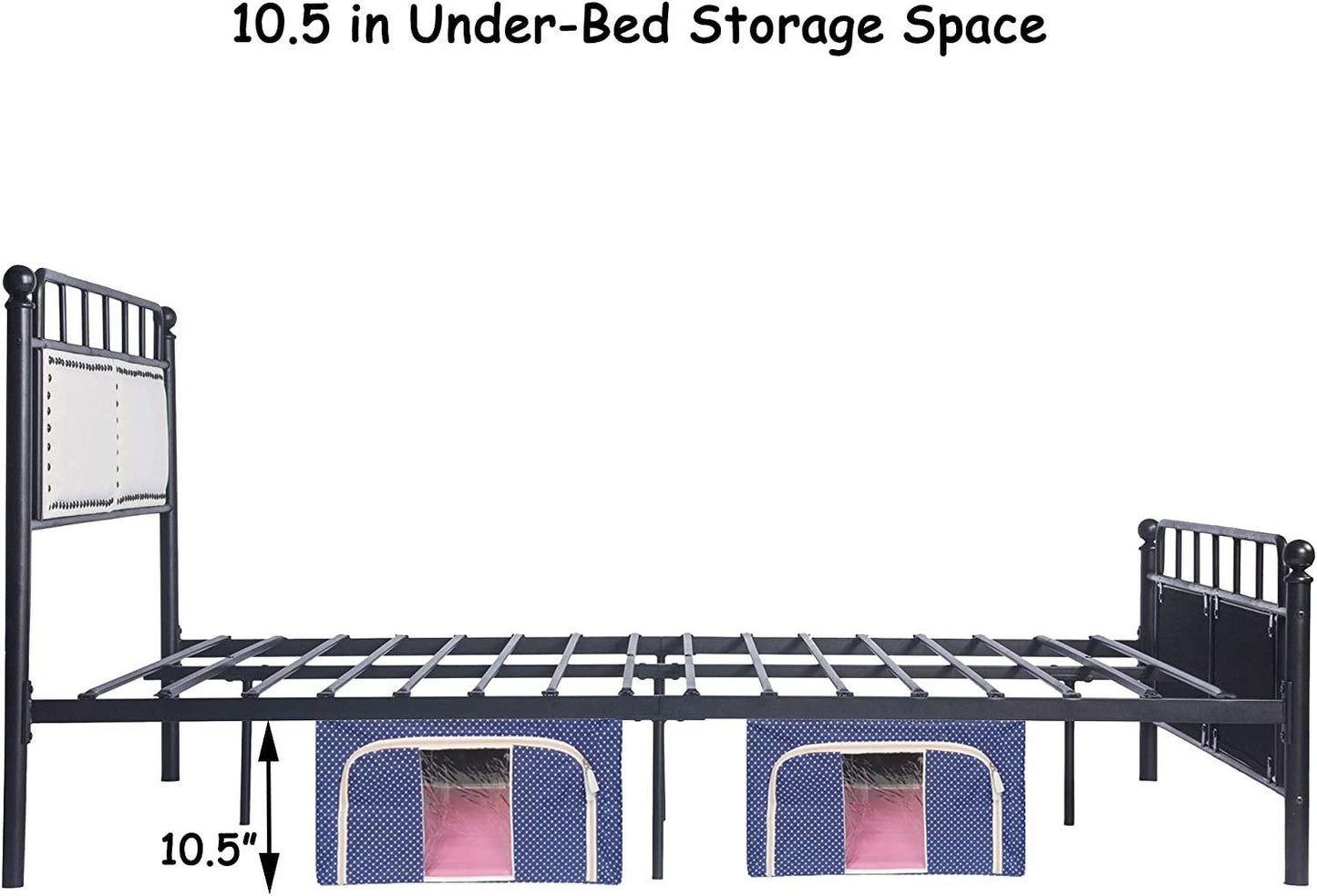 Metal Queen Bed Frame with Upholstered Headboard & Footboard Heavy Duty Platform Bed Frame Steel Sla