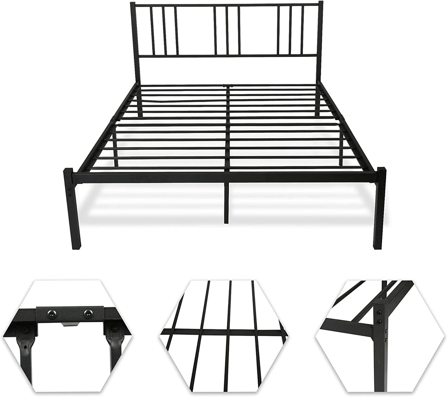 Queen Size Platform Bed w/ Headboard, Sturdy Frame w/ Metal Slat, Noise Free & Anti-Slip