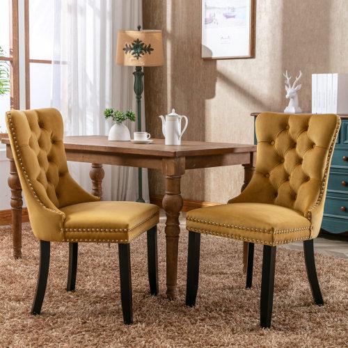 Set of 2, Contemporary Velvet Upholstered Dining Chair with Wooden Legs Nail Head Trim