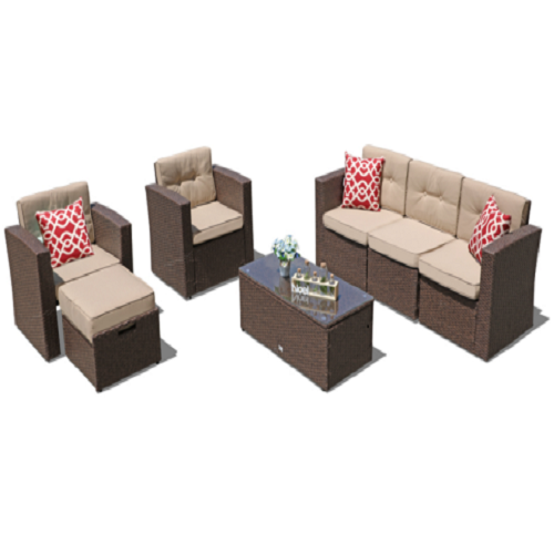 7 Piece Patio Furniture Set with three Red Pillows