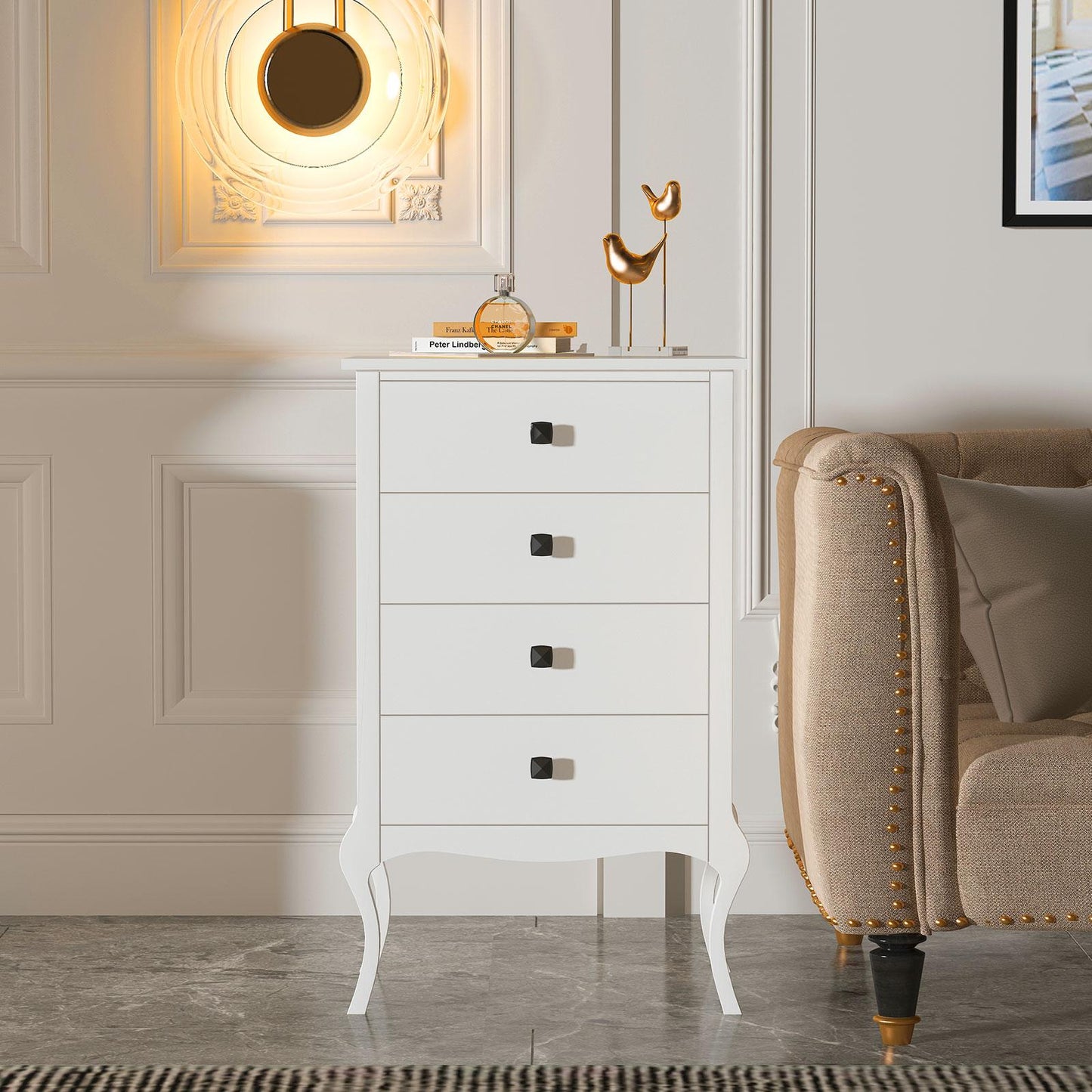 White Nightstand with 4 Drawers, End Table, Wooden Accent Table with Storage for Bedroom, Living Roo