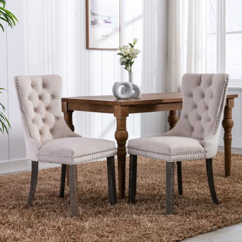 Set of 2, Contemporary Velvet Upholstered Dining Chair with Wooden Legs Nail Head Trim