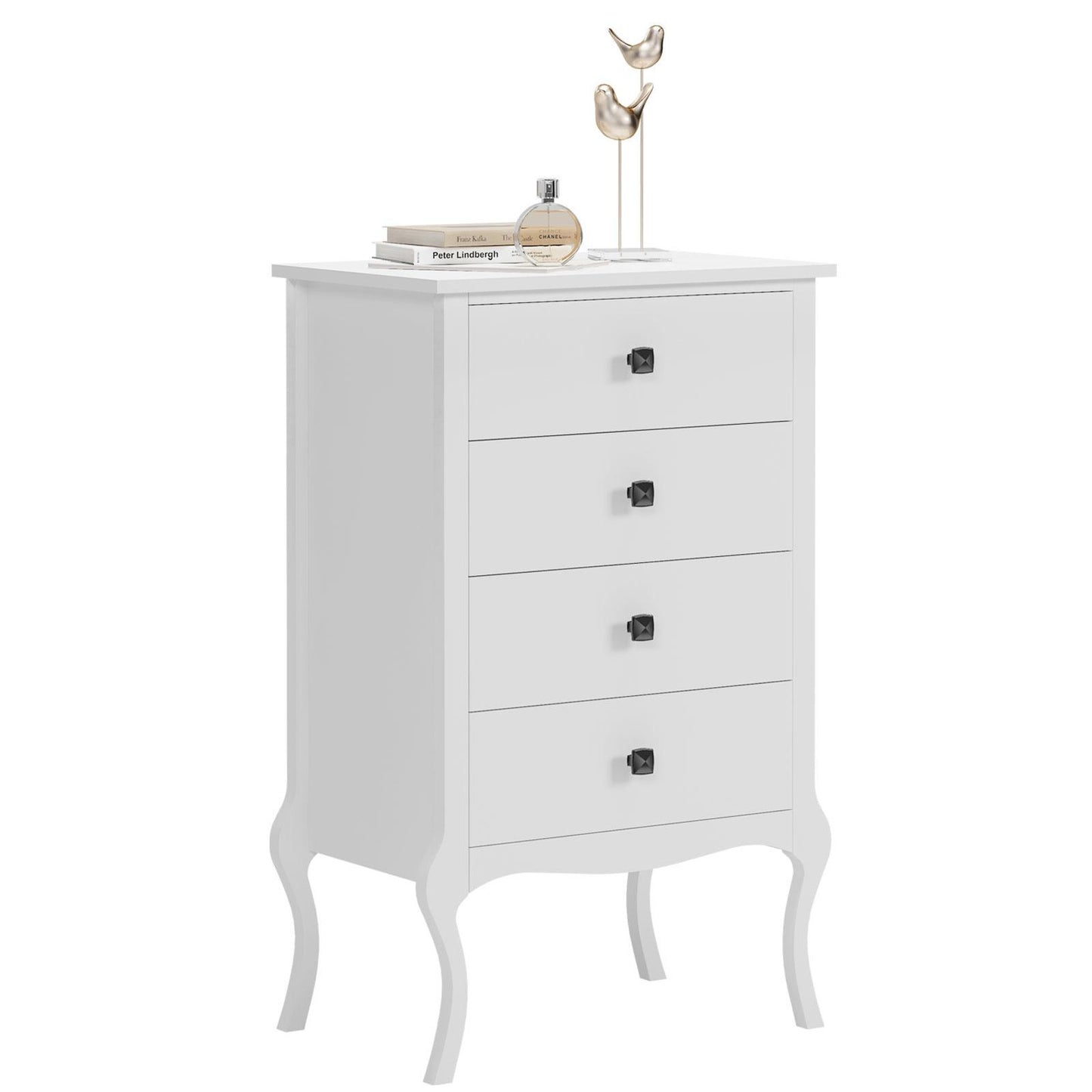 White Nightstand with 4 Drawers, End Table, Wooden Accent Table with Storage for Bedroom, Living Roo