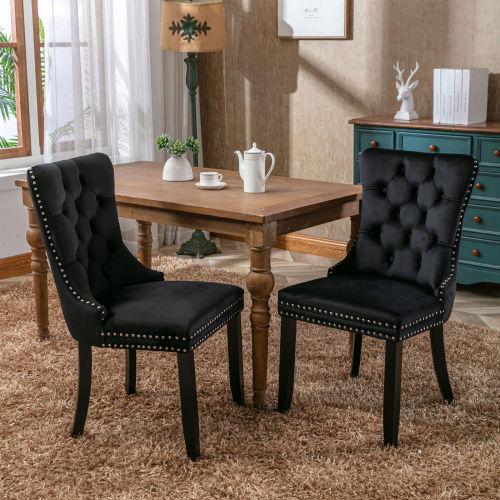 Set of 2, Contemporary Velvet Upholstered Dining Chair with Wooden Legs Nail Head Trim