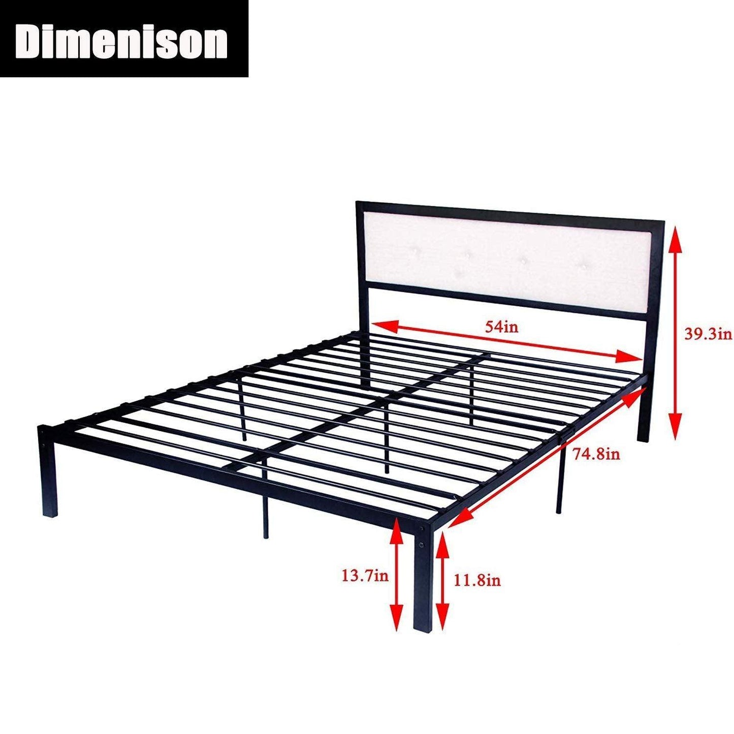 54" Modern Full Size Platform Bed with Black Metal Frame, Beige Headboard