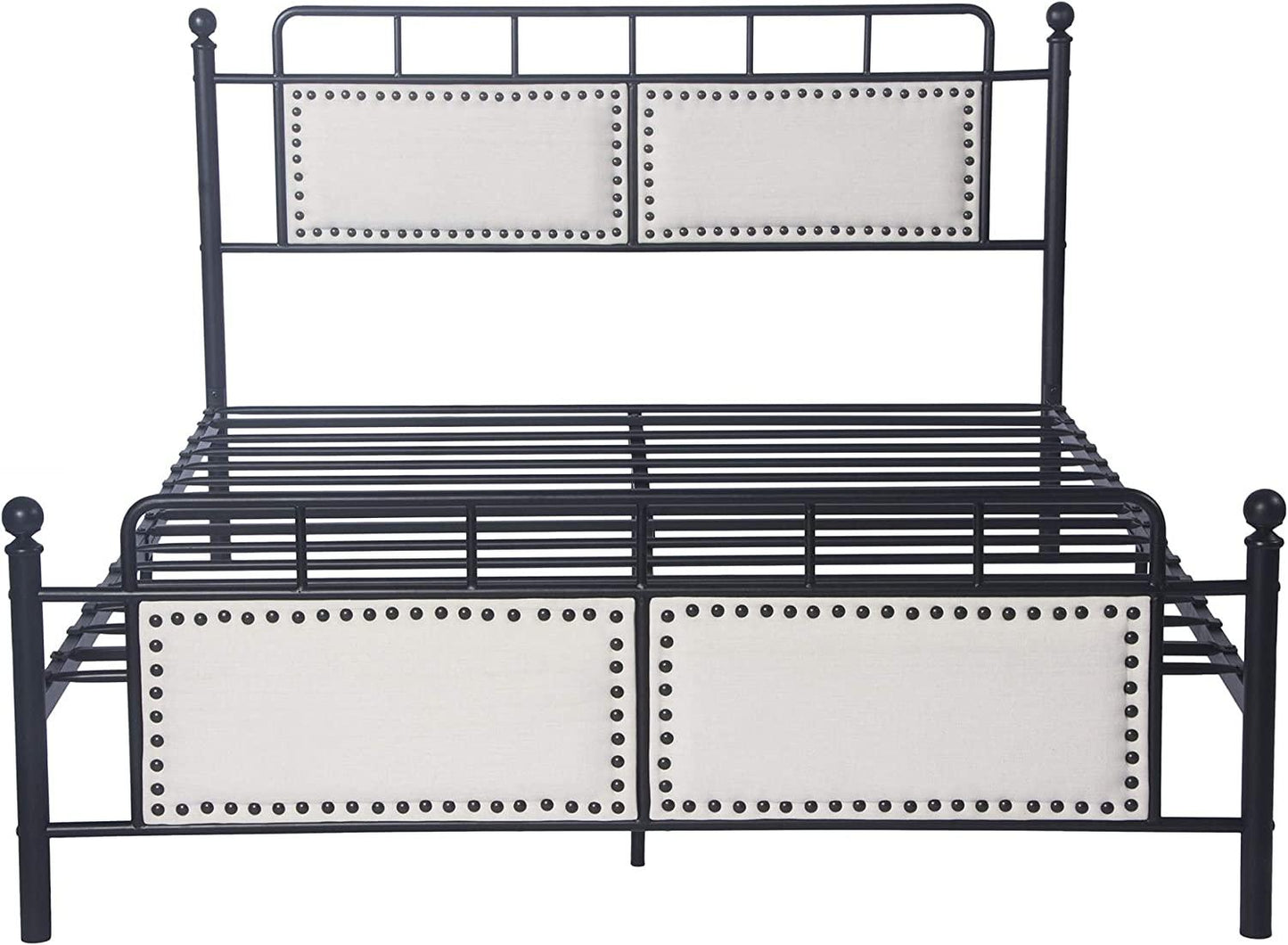 Metal Queen Bed Frame with Upholstered Headboard & Footboard Heavy Duty Platform Bed Frame Steel Sla