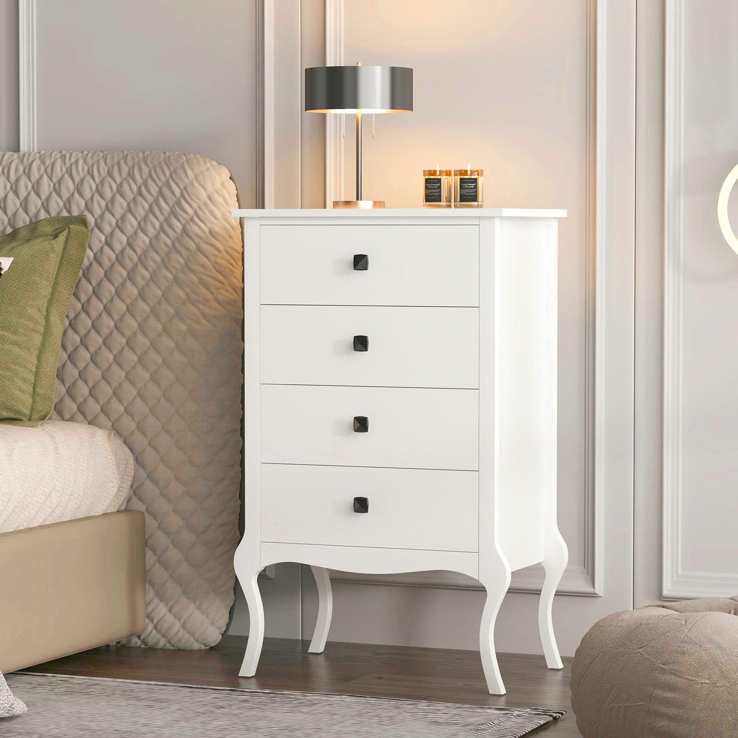 White Nightstand with 4 Drawers, End Table, Wooden Accent Table with Storage for Bedroom, Living Roo