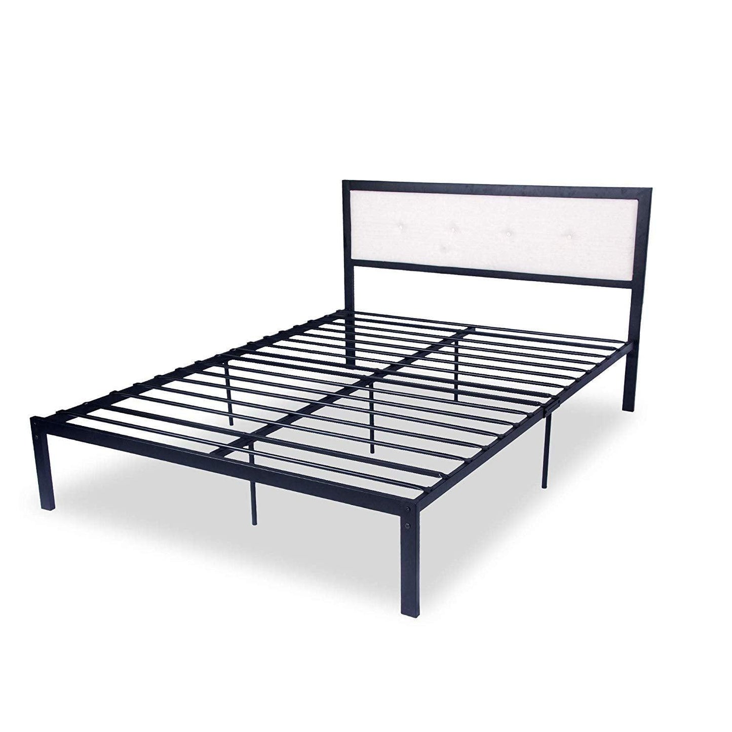 54" Modern Full Size Platform Bed with Black Metal Frame, Beige Headboard