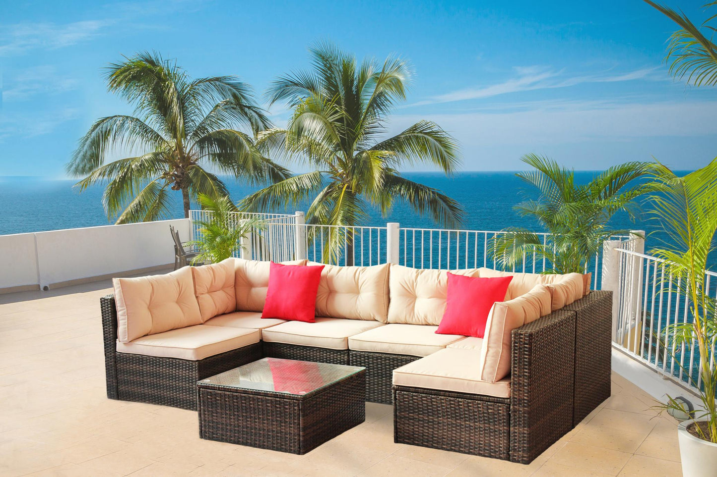 outdoor garden garden furniture 7 pieces of space saving furniture with cushioned PE rattan combination and pedal