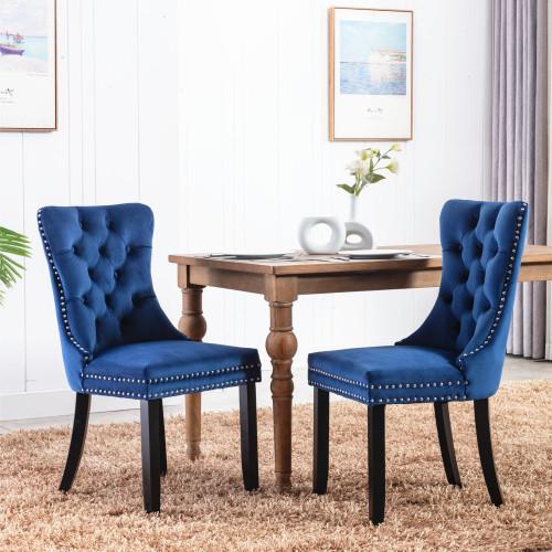 Set of 2, Contemporary Velvet Upholstered Dining Chair with Wooden Legs Nail Head Trim