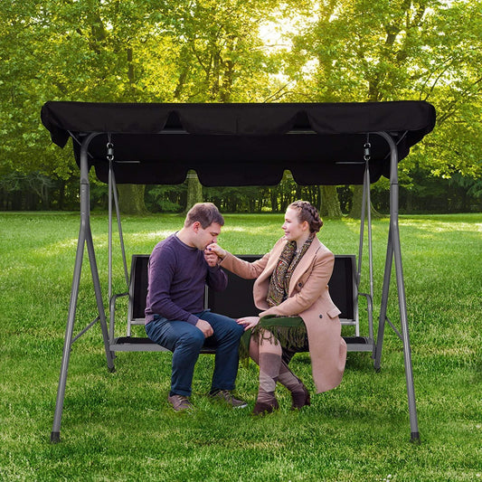 3 Person Patio Swing Chair Bench with Convertible Canopy--Weather Resistant Frame and Breathable Sea