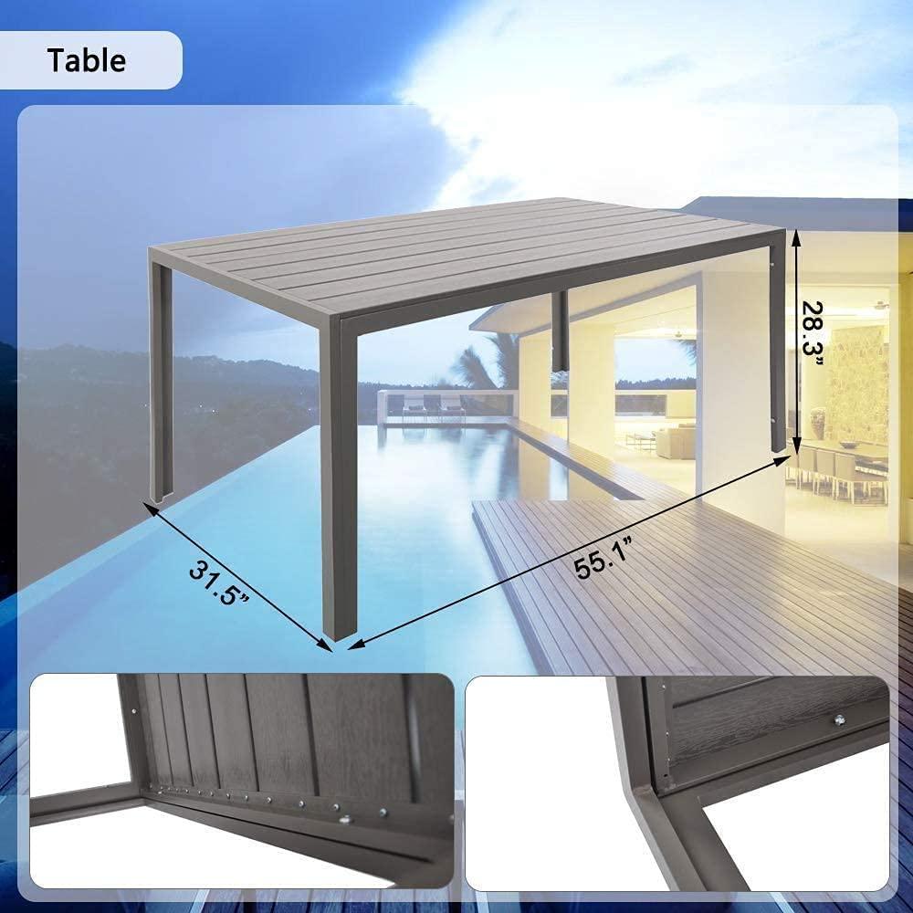 Outdoor Patio 55" Rectangular Dining Table for 6 Metal Aluminum Frame with Grey Wood Look