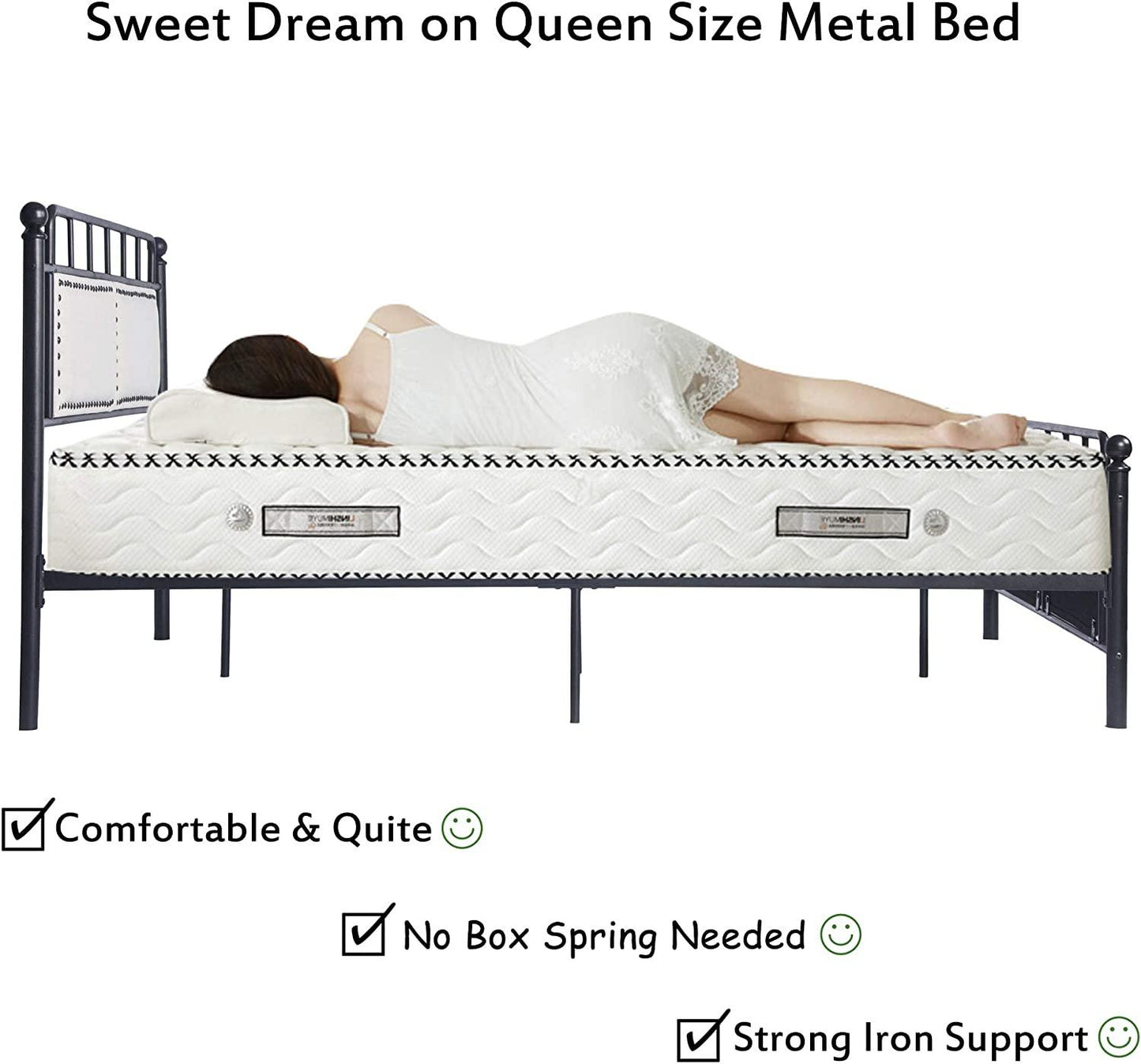 Metal Queen Bed Frame with Upholstered Headboard & Footboard Heavy Duty Platform Bed Frame Steel Sla