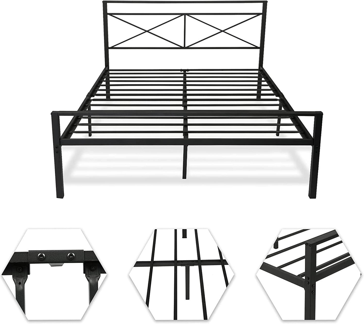 Queen Platform Bed Frame with Headboard, Metal Bed Frame Anti-Rust Process, Black Bed Frame Queen An