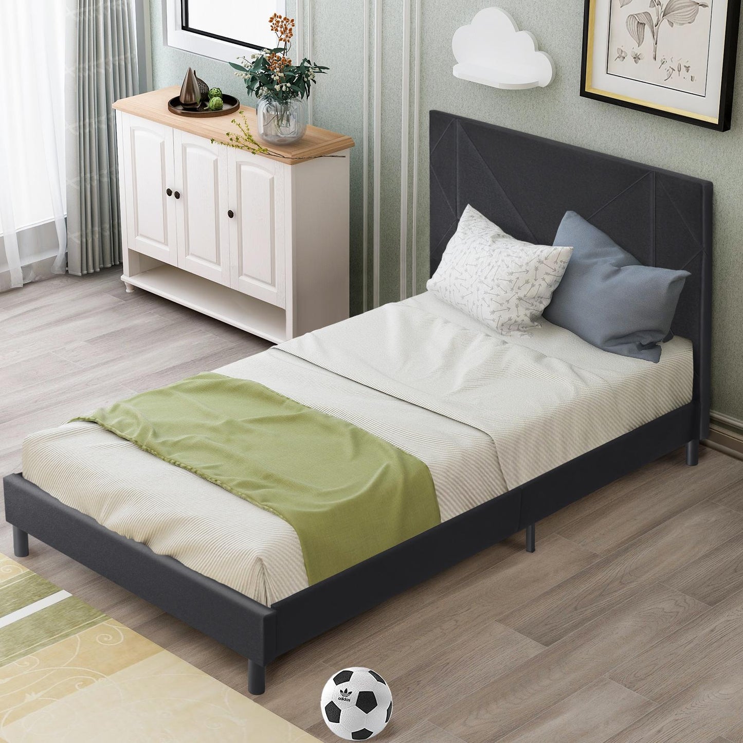 Upholstered Bed Frame with Tufted Velvet Headboard, Mattress Foundation, No Box Spring Needed