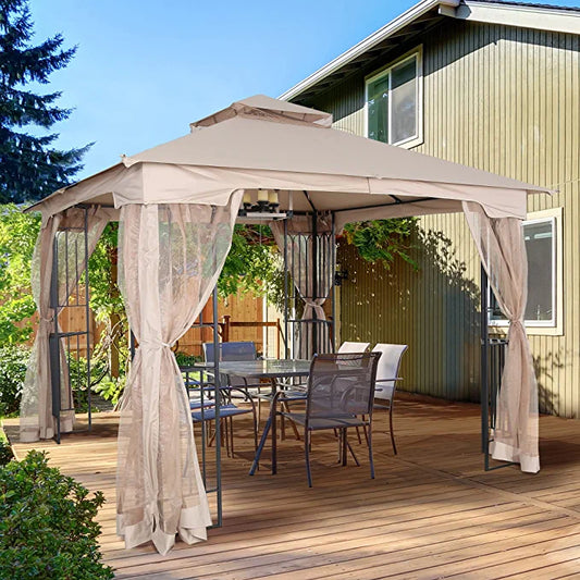 10x10 Outdoor Gazebo for Patios Canopy for Shade and Rain with Corner Shelves Soft Top Metal Frame with Mosquito Netting